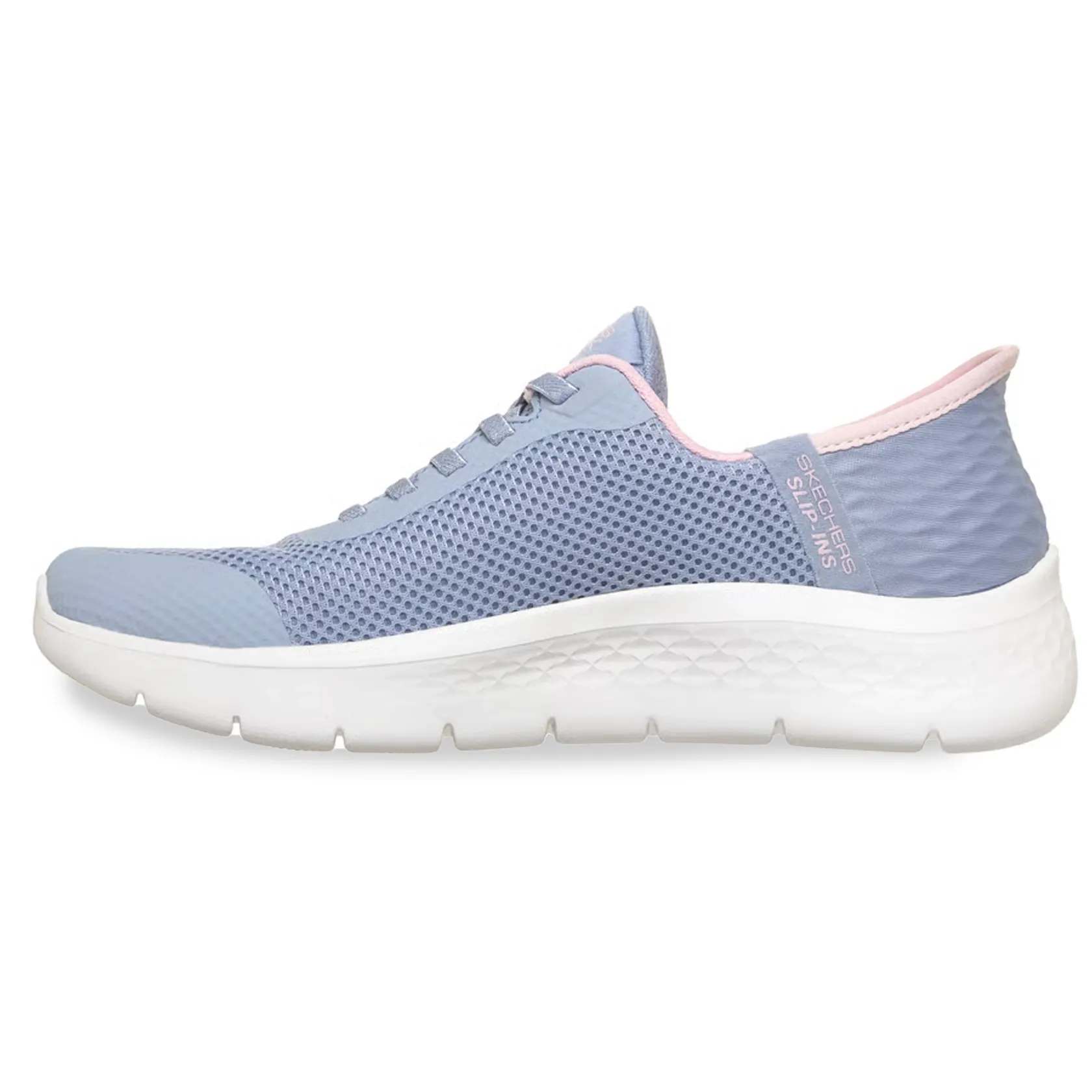 Tênis Skechers Go Walk Flex feminino lilás visto de lado, destacando o design slip-ins e detalhes em rosa
